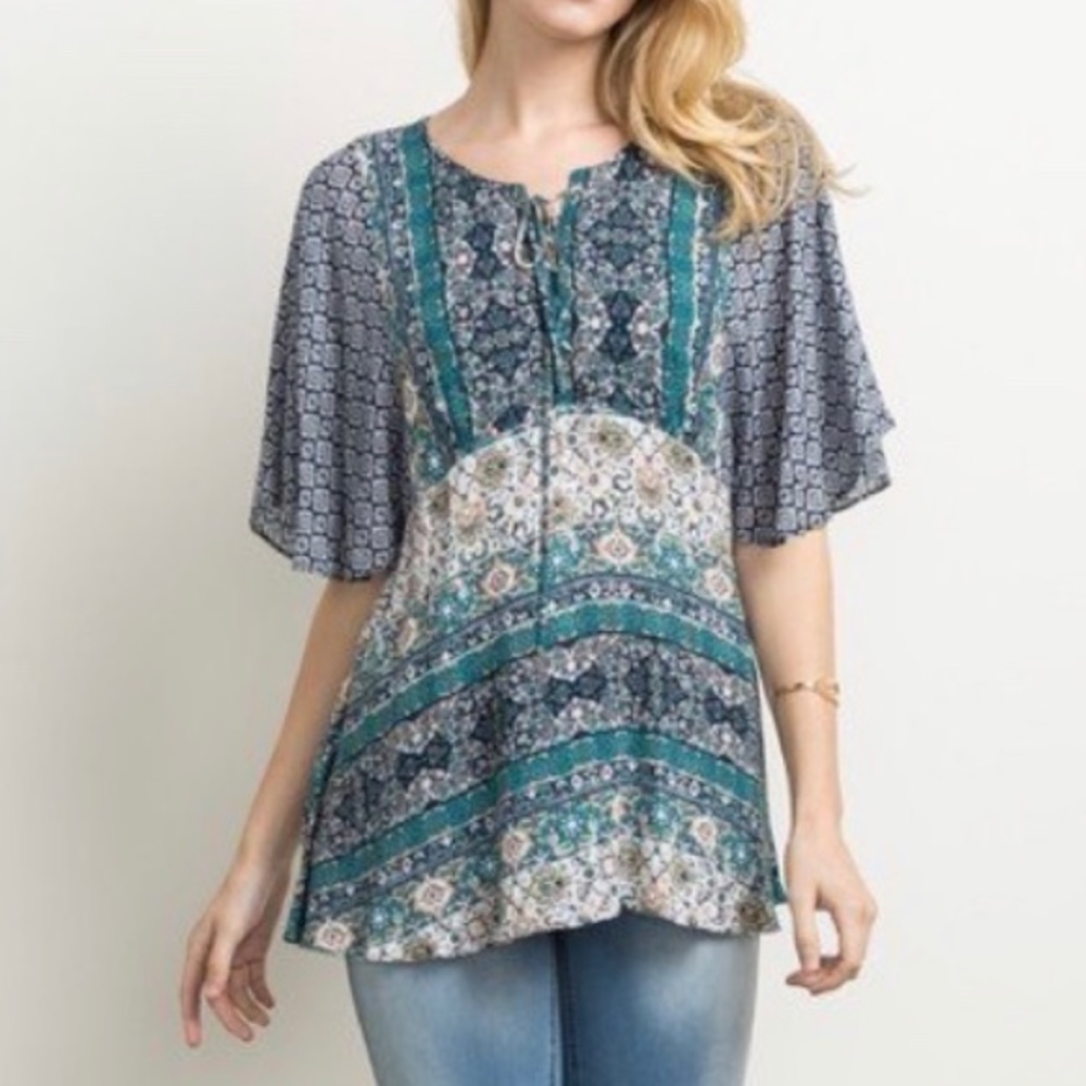 Mystree Bohemian Peasant Flutter Sleeve Shirt Top‎